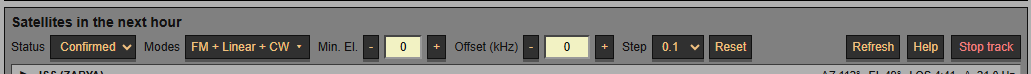 De menubalk met Modes, minimale elevatie, offset, stapgrootte, Show Map, Refresh, Help en Stop track.